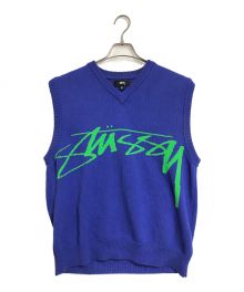 stussy（ステューシー）の古着「Sweater Vest セーターベスト　ニットベスト　ロゴベスト」｜ブルー×グリーン