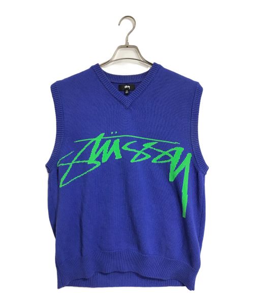 stussy（ステューシー）stussy (ステューシー) Sweater Vest セーターベスト　ニットベスト　ロゴベスト ブルー×グリーン サイズ:Mの古着・服飾アイテム