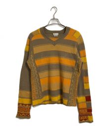 DRIES VAN NOTEN（ドリスヴァンノッテン）の古着「民族調ボーダーVネックセーター　ウールニット　長袖ニット　ボーダー　総柄　ライカ期　97AW」｜イエロー