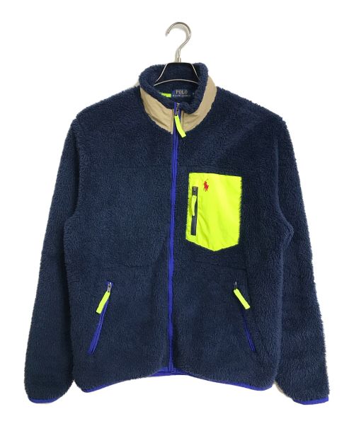 POLO RALPH LAUREN（ポロ・ラルフローレン）POLO RALPH LAUREN (ポロ・ラルフローレン) ポニー刺繍ボアジャケット　フリースジャケット ネイビー×イエロー サイズ:Mの古着・服飾アイテム