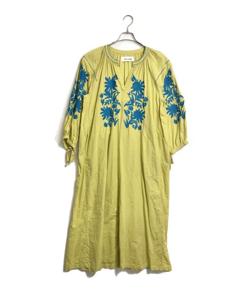 sara mallika（サラマリカ）sara mallika Cotton Linen Big Flower Embroidery Dress コットンリネンビッグフラワーエンブロイダリードレス　ロングワンピース　マキシワンピース　インド製 イエロー サイズ:Sの古着・服飾アイテム