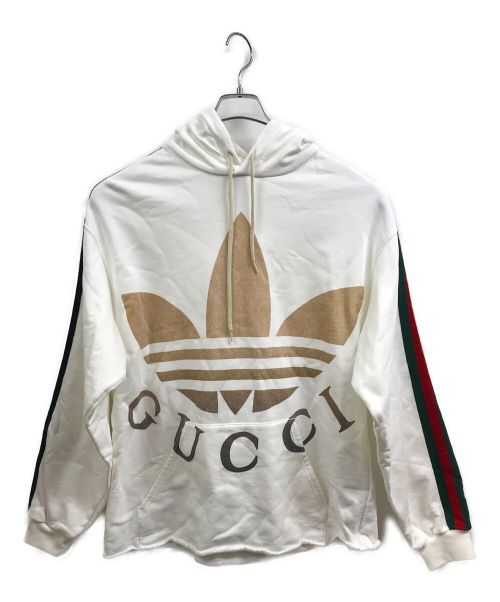 adidas（アディダス）adidas (アディダス) GUCCI (グッチ) ロゴプリントスウェットプルオーバーパーカー ホワイト サイズ:Sの古着・服飾アイテム