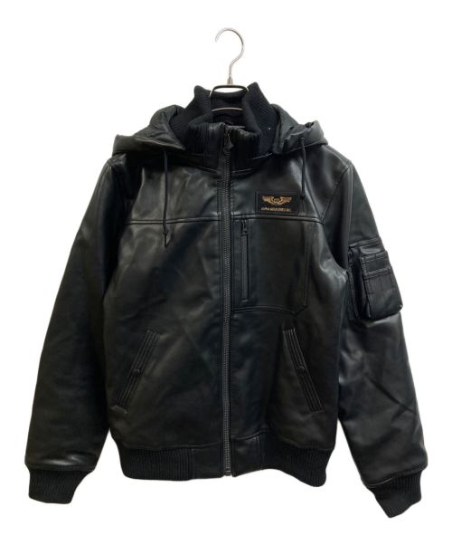 ALPHA INDUSTRIES（アルファインダストリーズ）ALPHA INDUSTRIES (アルファインダストリーズ) フェイクレザーフーデッドリブジャケット ブラック サイズ:Mの古着・服飾アイテム