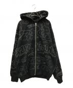 X-LARGEエクストララージ）の古着「EMBROIDERED ALLOVER LOGO ZIP UP HOODED SWEATSHIRT」｜ブラック