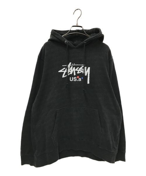 stussy（ステューシー）stussy (ステューシー) ロゴプルオーバーパーカー ブラック サイズ:Mの古着・服飾アイテム