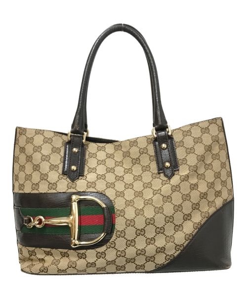 GUCCI（グッチ）GUCCI (グッチ) GGキャンバスホースビットトートバッグ ベージュ×ブラウン サイズ:下記参照の古着・服飾アイテム