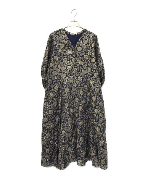 ne quittez pas（ヌキテパ）ne quittez pas (ヌキテパ) GOLD FLOWER PRINT PANEL DRESS ネイビー×ゴールド サイズ:Sの古着・服飾アイテム