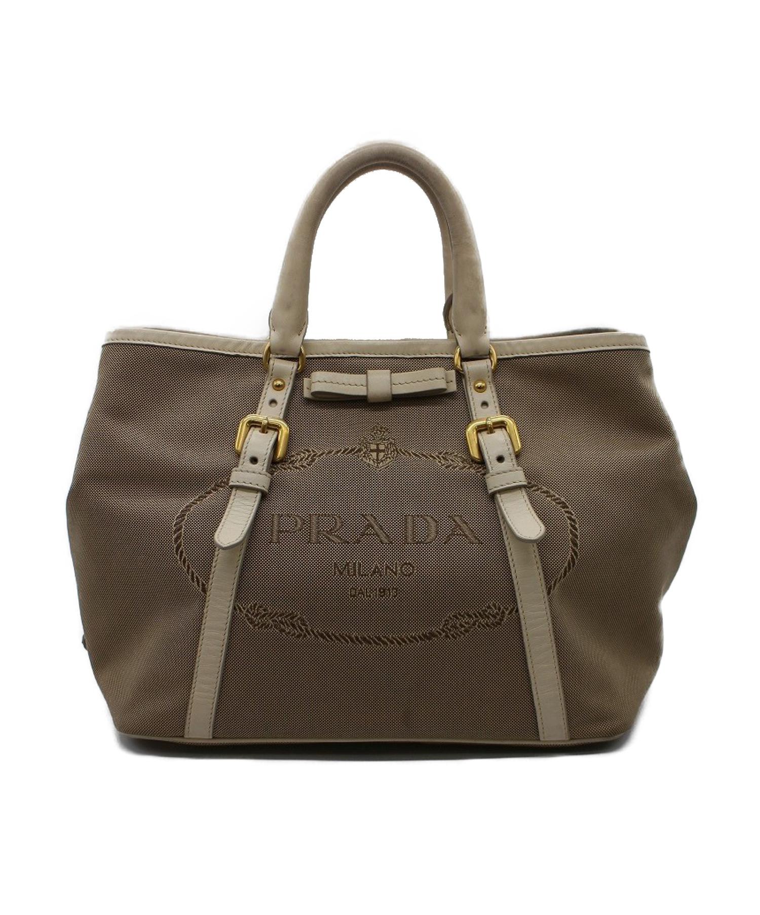 中古 古着通販 Prada プラダ ロゴジャガードハンドバッグ ベージュ 194 ストラップ欠品 ブランド 古着通販 トレファク公式 Trefac Fashion