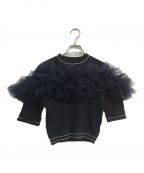 Bibiy.ビビィ）の古着「GISELLE TULLE KNIT　B31-KN021NVF　フリル装飾　半袖ニット　ネイビー」｜ネイビー