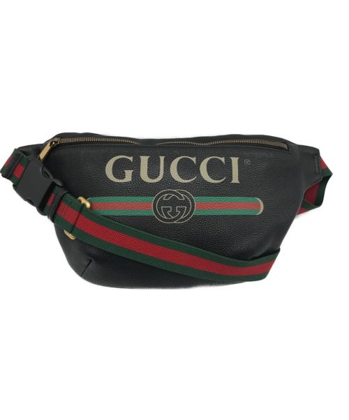 GUCCI（グッチ）GUCCI (グッチ) グッチプリントレザーベルトバッグ　493869　ブラック　ロゴプリント　シェリーライン ブラックの古着・服飾アイテム