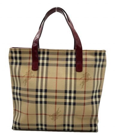 [中古]BURBERRY LONDON(バーバリーロンドン)のレディース バッグ ノバチェックトートバッグ　ベージュ×レッド　シャドーホース