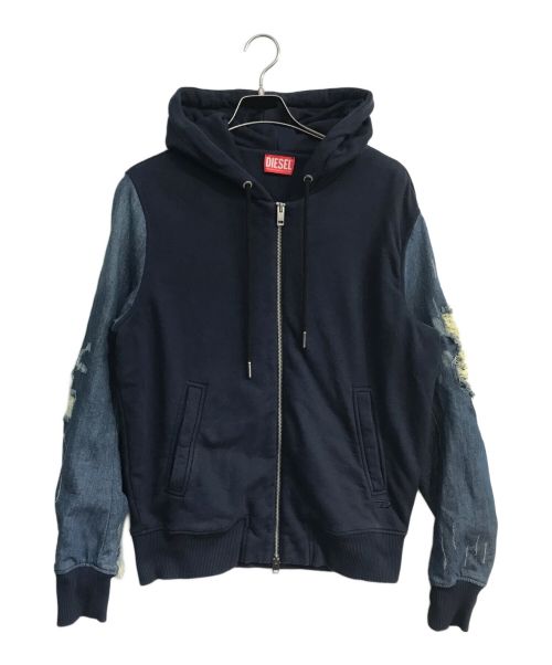 DIESEL（ディーゼル）DIESEL (ディーゼル) デニム切替ジップパーカー　S-MIRR-NEW ネイビー×インディゴ サイズ:Lの古着・服飾アイテム