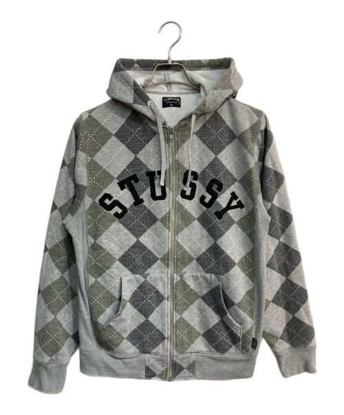 stussy（ステューシー）stussy (ステューシー) アーガイルジップパーカー　	アーチロゴ グレー サイズ:Mの古着・服飾アイテム