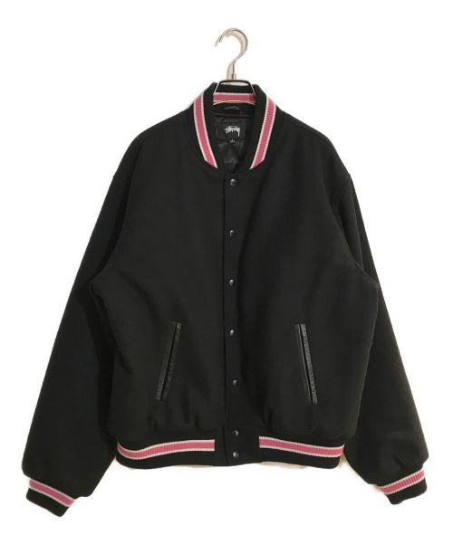 stussy（ステューシー）stussy (ステューシー) S TALK MELTON VARSITY JACKET/Sトークメルトンバーシティージャケット ブラック×ピンク サイズ:SIZE Lの古着・服飾アイテム