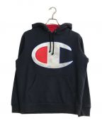 SUPREME×Championシュプリーム×チャンピオン）の古着「17SS Satin Logo Hooded Sweatshirt/17SSサテンロゴフーディープルオーバーパーカー」｜ネイビー