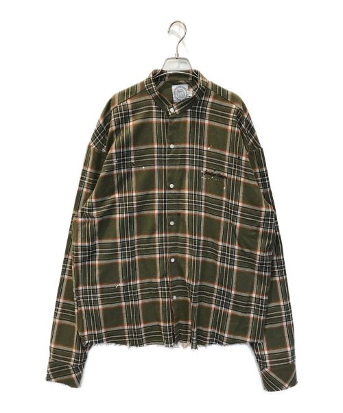 SOMEIT（サミット）SOMEIT (サミット) カットオフチェックバンドカラーシャツ カーキ サイズ:Lの古着・服飾アイテム