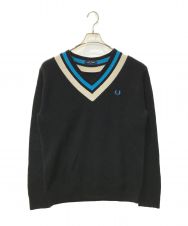 FRED PERRY (フレッドペリー) FP STRIPED TRIM V NECK JUMPER ブラック サイズ:M