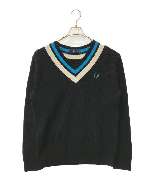 FRED PERRY（フレッドペリー）FRED PERRY (フレッドペリー) FP STRIPED TRIM V NECK JUMPER ブラック サイズ:Mの古着・服飾アイテム