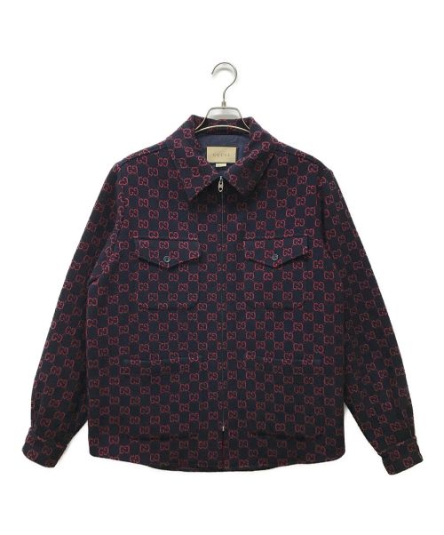 GUCCI（グッチ）GUCCI (グッチ) GG Jacquard Shirt Jacket ネイビー×レッド サイズ:44の古着・服飾アイテム