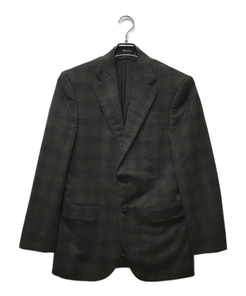 Aquascutum（アクアスキュータム）Aquascutum (アクアスキュータム) カシミヤチェックテーラードジャケット ブラウン サイズ:94A6の古着・服飾アイテム