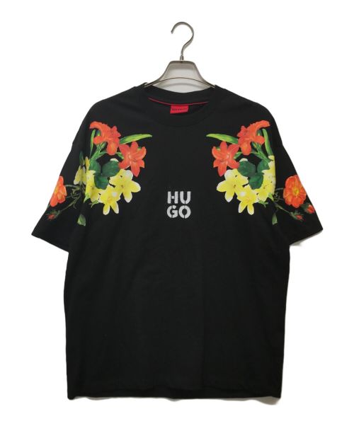 HUGO HUGO BOSS（ヒューゴ ヒューゴボス）HUGO HUGO BOSS (ヒューゴ ヒューゴボス) コットンジャージー Tシャツ フローラルプリント＆スタックロゴ ブラック サイズ:Lの古着・服飾アイテム