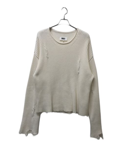 MM6 Maison Margiela（エムエムシックス メゾンマルジェラ）MM6 Maison Margiela (エムエムシックス メゾンマルジェラ) ディストレスド・クルーネック・リブニット ホワイト サイズ:1の古着・服飾アイテム