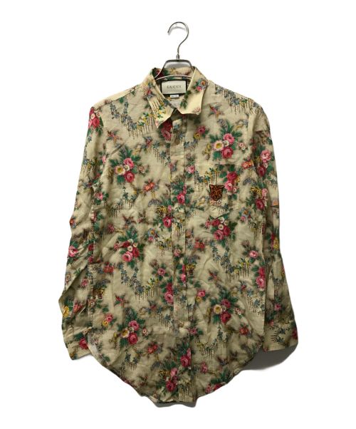 GUCCI（グッチ）GUCCI (グッチ) フラワーデザイン タイガーワッペンドレスシャツ ベージュ サイズ:SIZE 44の古着・服飾アイテム