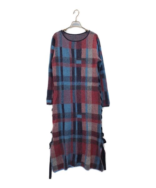 Ameri（アメリ）Ameri (アメリ) BIG CHECK LACE UP KNIT DRESS ブルー×レッド サイズ:Sの古着・服飾アイテム