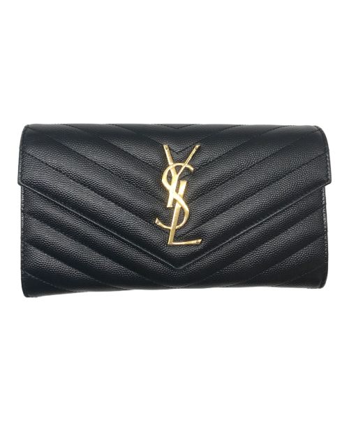 Saint Laurent Paris（サンローランパリ）Saint Laurent Paris (サンローランパリ) YSLロゴ Vステッチロングウォレット ブラックの古着・服飾アイテム