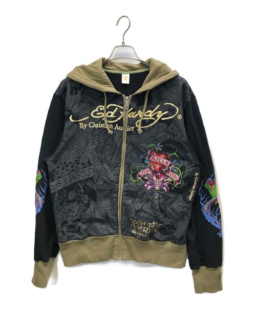 Ed Hardy（エド ハーディー）Ed Hardy (エド ハーディー) ジップパーカー ブラック×ベージュ サイズ:Lの古着・服飾アイテム