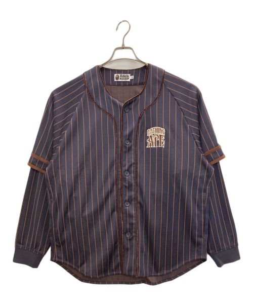 A BATHING APE（アベイシングエイプ）A BATHING APE (アベイシングエイプ) Stripe Layered LS Baseball Shirt パープル サイズ:Ⅿの古着・服飾アイテム