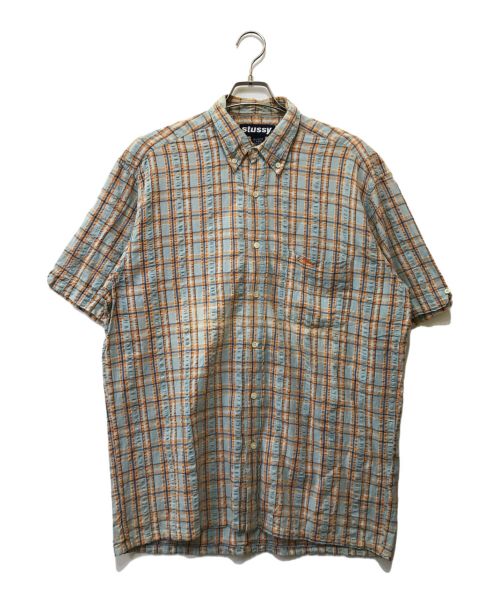 stussy（ステューシー）stussy (ステューシー) シアサッカーシャツ ブルー×オレンジ サイズ:Lの古着・服飾アイテム