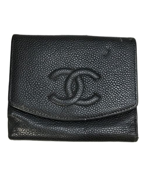 CHANEL（シャネル）CHANEL (シャネル) キャビアスキンエンボスロゴウォレット ブラックの古着・服飾アイテム