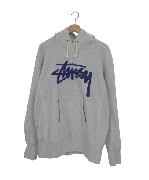 中古 古着通販 Champion Stussy チャンピオン ステューシー コラボリバースウィーブプルオーバーパーカー グレー ブルー サイズ M Reverse Weave ブランド 古着通販 トレファク公式 Trefac Fashion