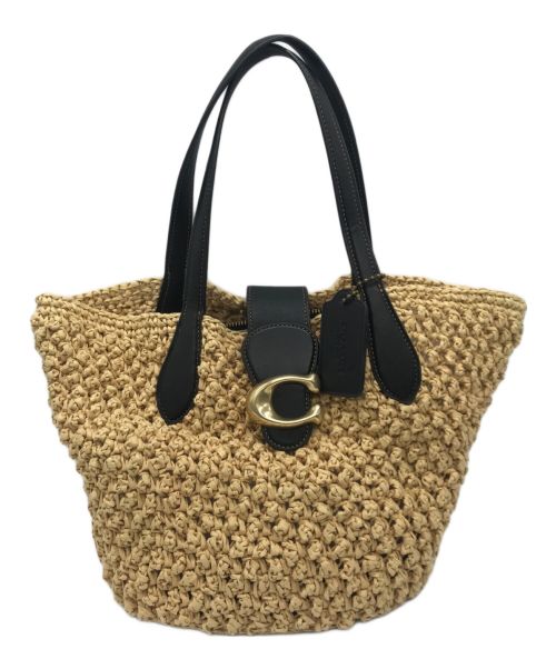 COACH（コーチ）COACH (コーチ) TEXTURED PAPER STRAW SMALL TOTE BAG ベージュ×ブラックの古着・服飾アイテム