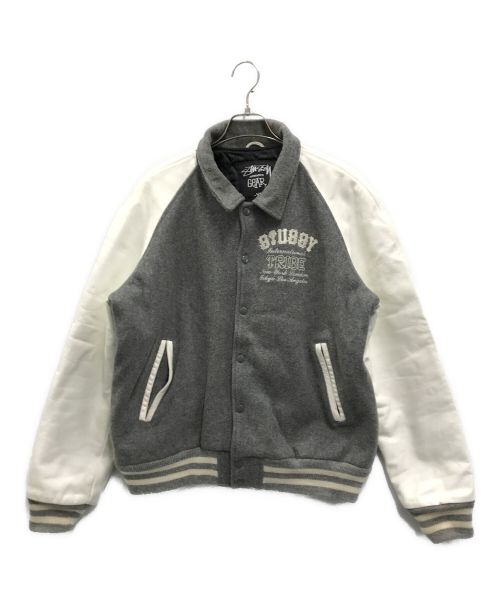 stussy（ステューシー）stussy (ステューシー) レザー切替スタジャン グレー×ホワイト サイズ:XLの古着・服飾アイテム