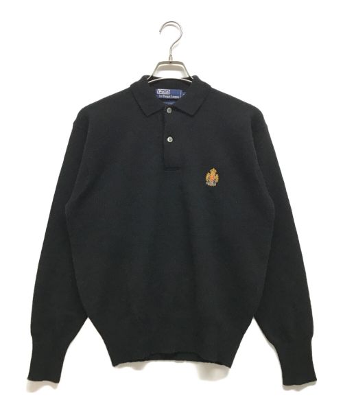 POLO RALPH LAUREN（ポロ・ラルフローレン）POLO RALPH LAUREN (ポロ・ラルフローレン) エンブレム刺繍デザインニットポロシャツ インディゴ サイズ:Mの古着・服飾アイテム