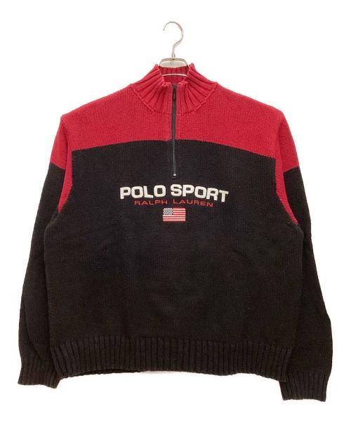 POLO SPORT（ポロスポーツ）POLO SPORT (ポロスポーツ) ハーフジップニット　バイカラー　ロゴ刺繍 ブラック×レッド サイズ:XLの古着・服飾アイテム