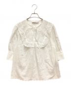 COACHコーチ）の古着「BRODERIE ANGLAISE BIB SHIRT / ブロドリー アングレーズ ビブ シャツ　ブラウス　コットン　リボン　スカラップ」｜ホワイト