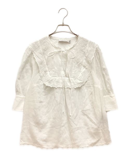 COACH（コーチ）COACH (コーチ) BRODERIE ANGLAISE BIB SHIRT / ブロドリー アングレーズ ビブ シャツ　ブラウス　コットン　リボン　スカラップ ホワイト サイズ:2の古着・服飾アイテム