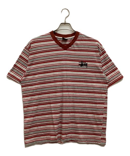 stussy（ステューシー）stussy (ステューシー) 80SボーダーＴシャツ　Vネック　マルチボーダー　黒タグ後期　USA製 レッド サイズ:Mの古着・服飾アイテム