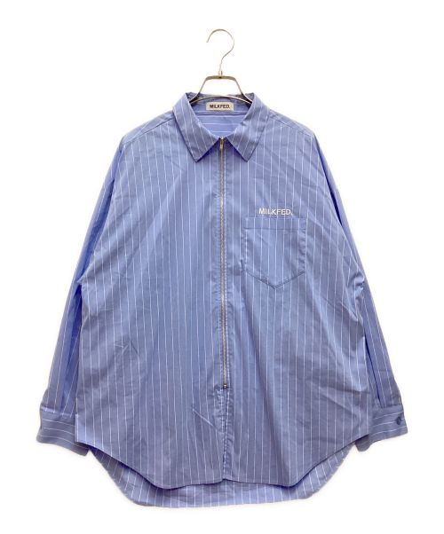 MILK FED.（ミルクフェド）MILK FED. (ミルクフェド) STRIPED ZIP UP SHIRT / ストライプジップアップシャツ　ロゴ刺繍　オーバーサイズ ブルー サイズ:ONE-SIZEの古着・服飾アイテム