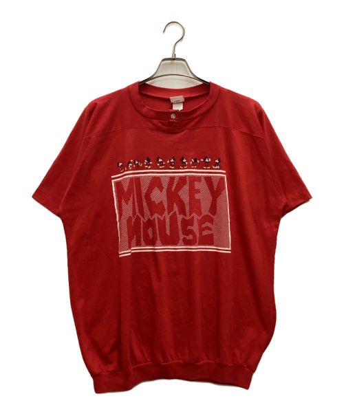 DISNEY（ディズニー）DISNEY (ディズニー) 古着リププリントTシャツ　ミッキーマウス　クルーネック　ヘンリーネック　シングルステッチ　USA製 レッド サイズ:XLの古着・服飾アイテム