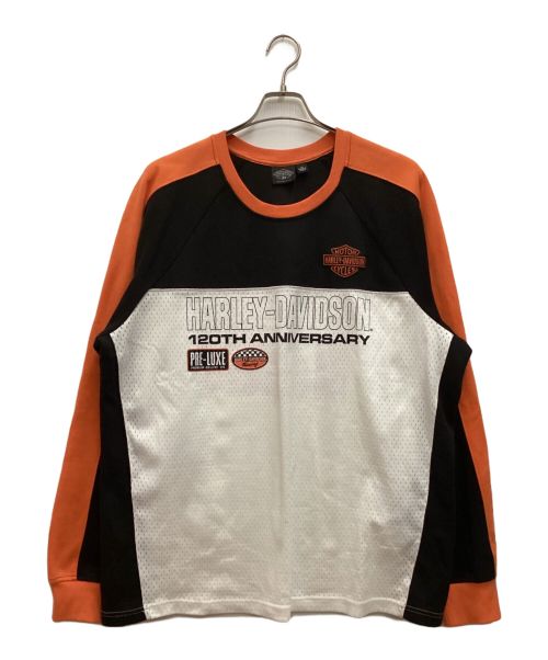 HARLEY-DAVIDSON（ハーレーダビッドソン）HARLEY-DAVIDSON (ハーレーダビッドソン) 120周年記念ロングTシャツ　カットソー　クルーネック　プリント　切り替え　メッシュ ブラック サイズ:XLの古着・服飾アイテム