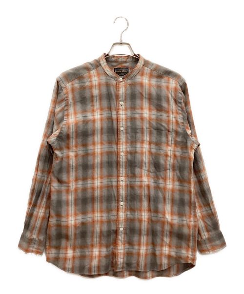 PENDLETON（ペンドルトン）PENDLETON (ペンドルトン) バンドカラーネルシャツ　チェック　コットン混　リネン混 グレー×オレンジ サイズ:Mの古着・服飾アイテム