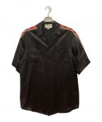 GUCCIグッチ）の古着「TAPED LOGO SILK VACATION SHIRT　ロゴテープオープンカラーシャツ」｜ブラック