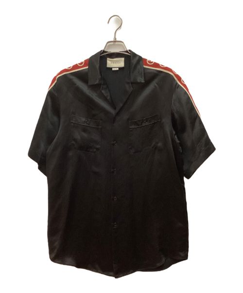 GUCCI（グッチ）GUCCI (グッチ) TAPED LOGO SILK VACATION SHIRT　ロゴテープオープンカラーシャツ ブラック サイズ:46の古着・服飾アイテム