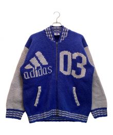 adidas（アディダス）の古着「ロゴナンバリング カウチンニットカーディガン　ジャケット　ウール　バイカラー　90's　デサント製」｜ブルー