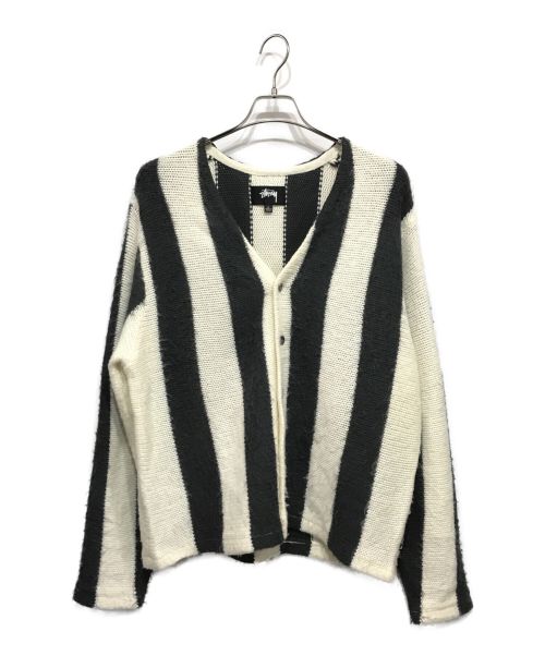 stussy（ステューシー）stussy (ステューシー) Stripe Brushed Cardigan ストライプVネックカーディガン ホワイト×ブラック サイズ:Lの古着・服飾アイテム