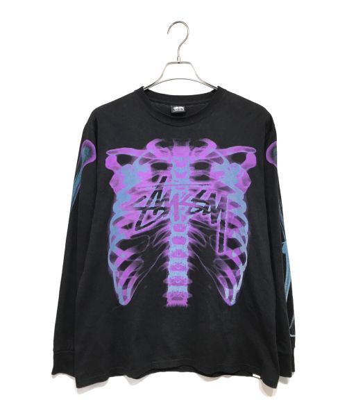 stussy（ステューシー）stussy (ステューシー) RIB CAGE LS TEE  ボーンプリント長袖Tシャツ ブラック×パープル サイズ:Mの古着・服飾アイテム